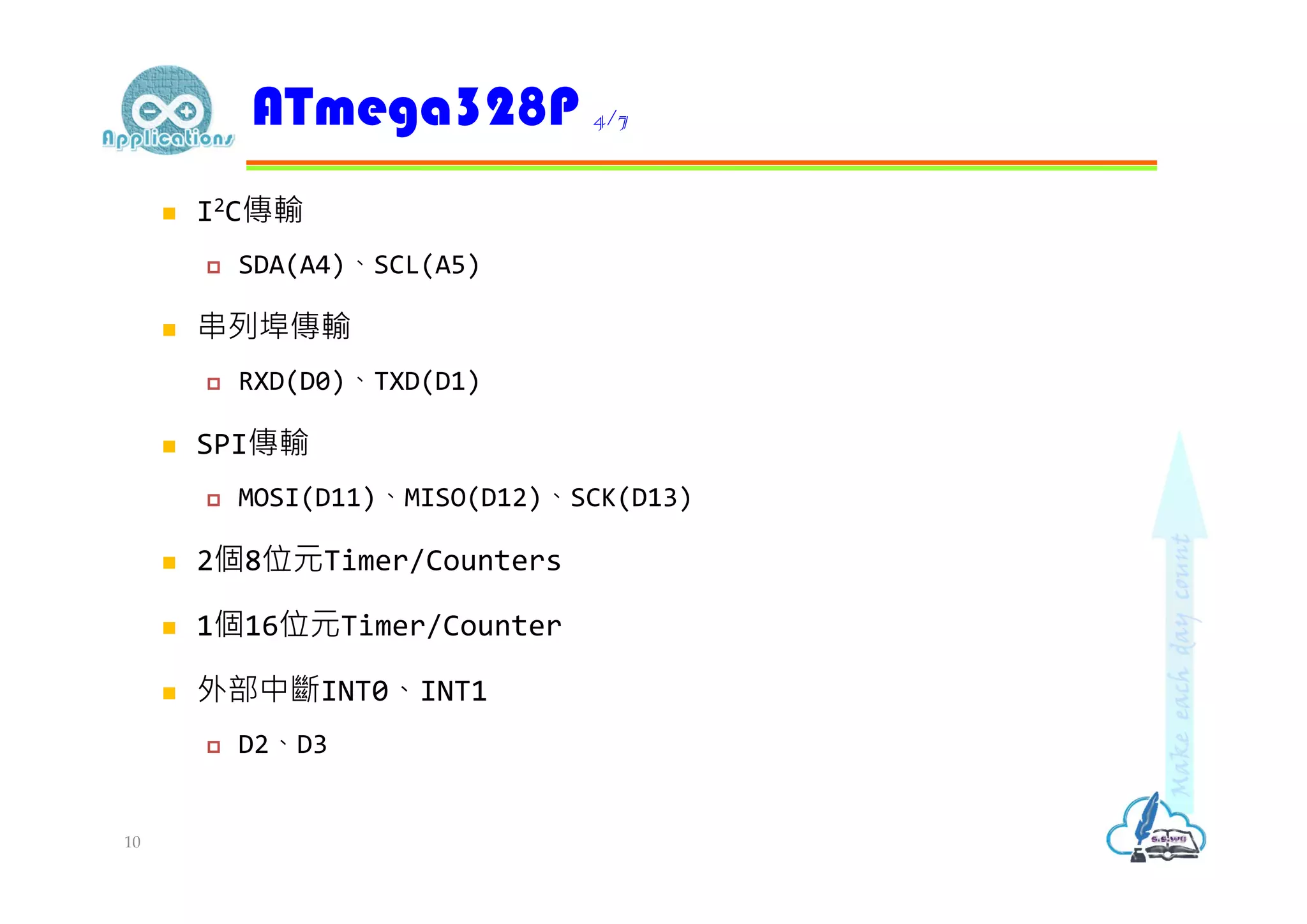  I2C傳輸
 SDA(A4)、SCL(A5)
 串列埠傳輸
 RXD(D0)、TXD(D1)
 SPI傳輸
 MOSI(D11)、MISO(D12)、SCK(D13)
 2個8位元Timer/Counters
 1個16位元Timer/Counter
 外部中斷INT0、INT1
 D2、D3
ATmega328P 4/7
10
 