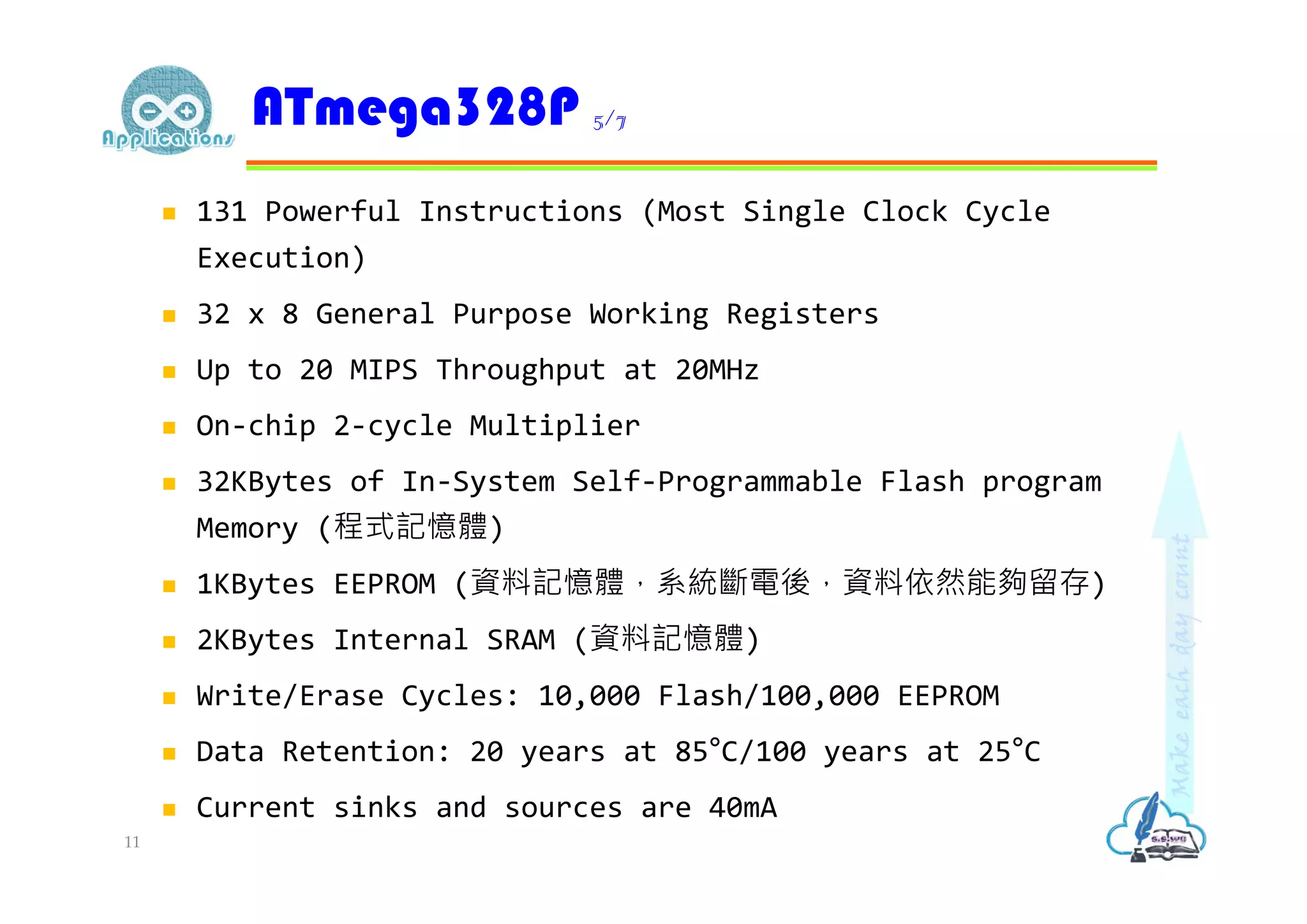  131 Powerful Instructions (Most Single Clock Cycle
Execution)
 32 x 8 General Purpose Working Registers
 Up to 20 MIPS Throughput at 20MHz
 On-chip 2-cycle Multiplier
 32KBytes of In-System Self-Programmable Flash program
Memory (程式記憶體)
 1KBytes EEPROM (資料記憶體，系統斷電後，資料依然能夠留存)
 2KBytes Internal SRAM (資料記憶體)
 Write/Erase Cycles: 10,000 Flash/100,000 EEPROM
 Data Retention: 20 years at 85°C/100 years at 25°C
 Current sinks and sources are 40mA
ATmega328P 5/7
11
 
