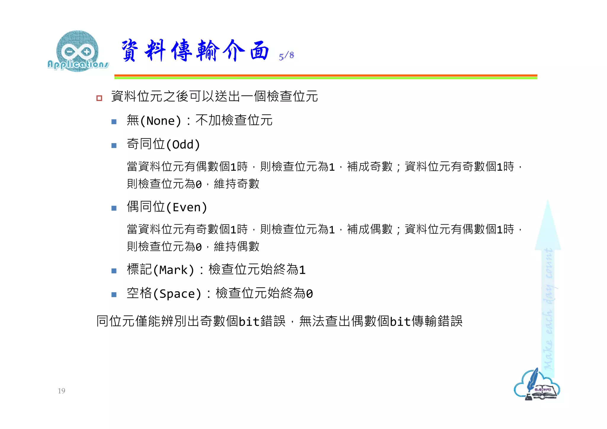  資料位元之後可以送出⼀個檢查位元
 無(None)：不加檢查位元
 奇同位(Odd)
當資料位元有偶數個1時，則檢查位元為1，補成奇數；資料位元有奇數個1時，
則檢查位元為0，維持奇數
 偶同位(Even)
當資料位元有奇數個1時，則檢查位元為1，補成偶數；資料位元有偶數個1時，
則檢查位元為0，維持偶數
 標記(Mark)：檢查位元始終為1
 空格(Space)：檢查位元始終為0
同位元僅能辨別出奇數個bit錯誤，無法查出偶數個bit傳輸錯誤
資料傳輸介面 5/8
19
 
