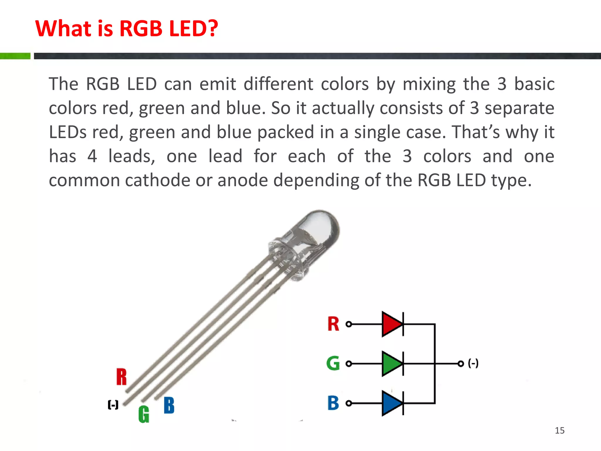 What is RGB LED?
The RGB LED can emit different colors by mixing the 3 basic
colors red, green and blue. So it actually consists of 3 separate
LEDs red, green and blue packed in a single case. That’s why it
has 4 leads, one lead for each of the 3 colors and one
common cathode or anode depending of the RGB LED type.
15
 