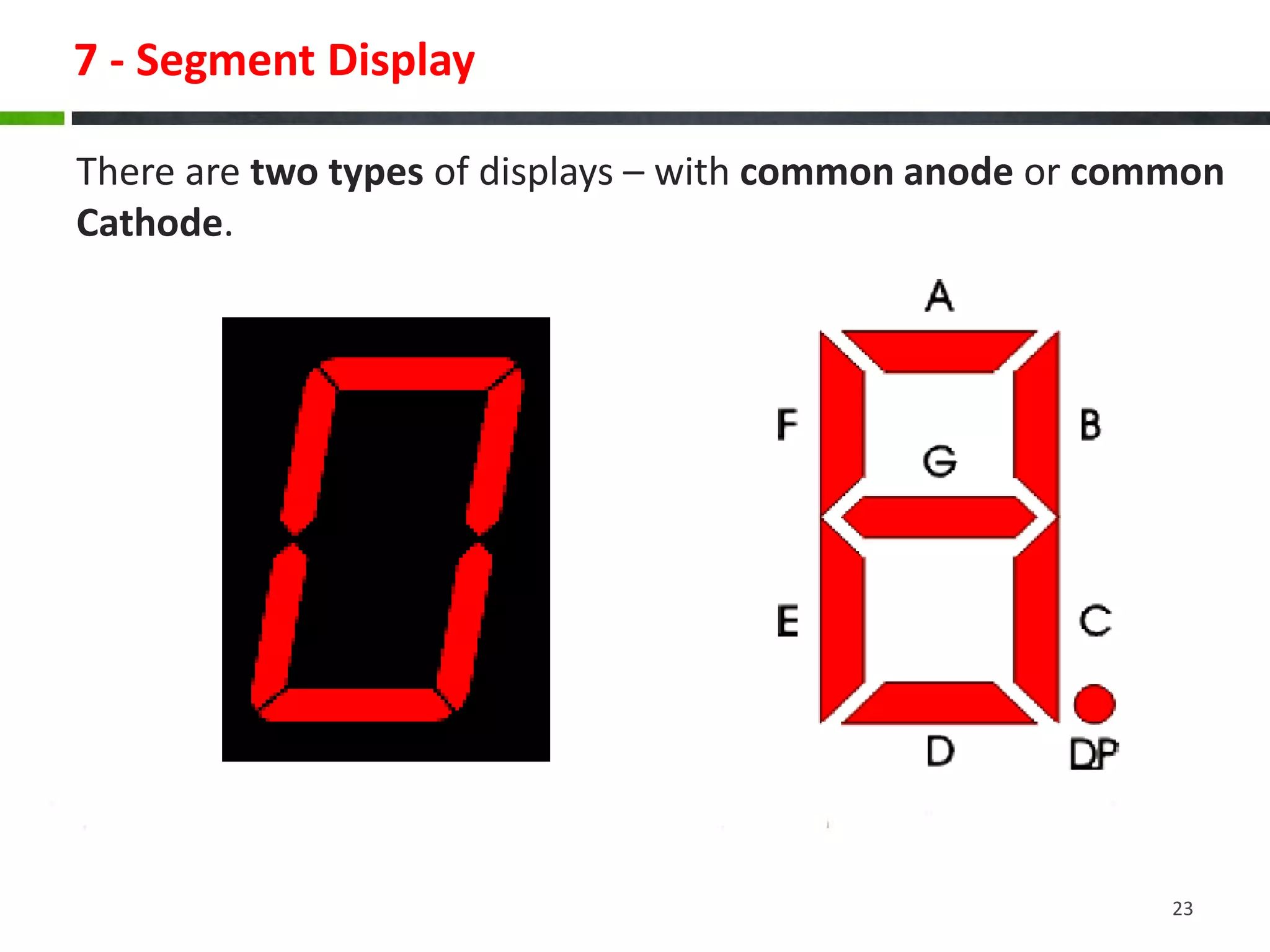 7 - Segment Display
23
There are two types of displays – with common anode or common
Cathode.
 