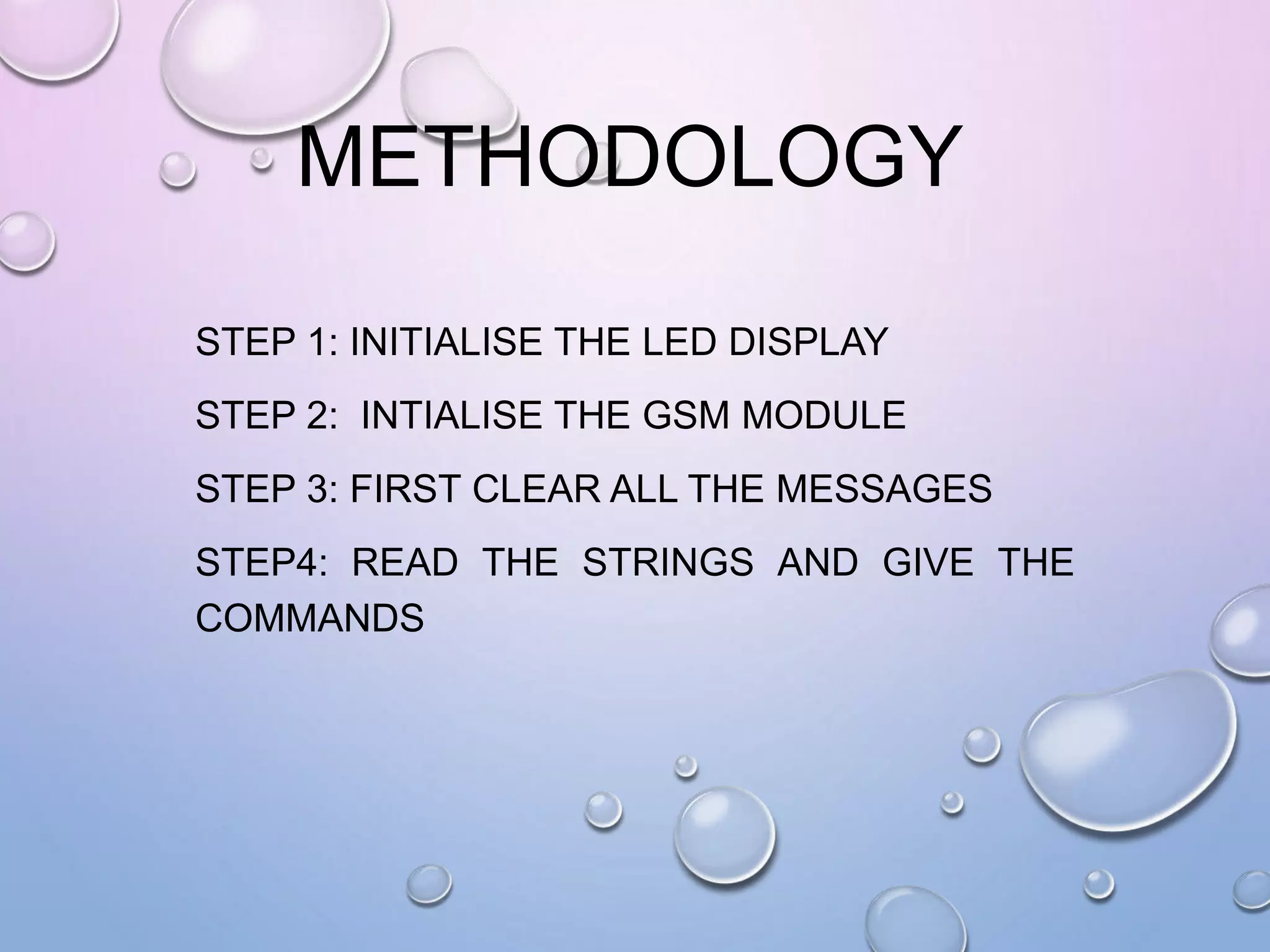 METHODOLOGY
STEP 1: INITIALISE THE LED DISPLAY
STEP 2: INTIALISE THE GSM MODULE
STEP 3: FIRST CLEAR ALL THE MESSAGES
STEP4: READ THE STRINGS AND GIVE THE
COMMANDS
 