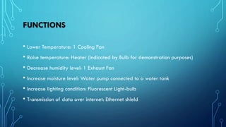FUNCTIONS
• Lower Temperature: 1 Cooling Fan
• Raise temperature: Heater (indicated by Bulb for demonstration purposes)
• Decrease humidity level: 1 Exhaust Fan
• Increase moisture level: Water pump connected to a water tank
• Increase lighting condition: Fluorescent Light-bulb
• Transmission of data over internet: Ethernet shield
 
