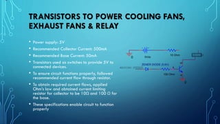 TRANSISTORS TO POWER COOLING FANS,
EXHAUST FANS & RELAY
• Power supply: 5V
• Recommended Collector Current: 500mA
• Recommended Base Current: 50mA
• Transistors used as switches to provide 5V to
connected devices.
• To ensure circuit functions properly, followed
recommended current flow through resistor.
• To obtain required current flows, applied
Ohm’s law and obtained current limiting
resistor for collector to be 10Ω and 100 Ω for
the base.
• These specifications enable circuit to function
properly
DEVICES10 Ohm
64
5
100 Ohm
0
5Vdc0
ZENER DIODE (5.6V)
ARDUINO OUTPUT
 
