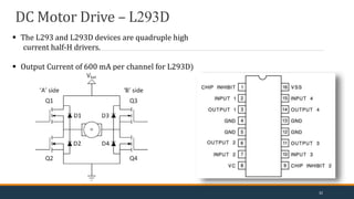 Motor Driver Circuit (L293D)
 The L293 and L293D devices are quadruple high
current half-H drivers.
 Output Current of 600 mA per channel for L293D)
DC Motor Drive – L293D
32
 
