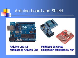 Arduino board and Shield
Arduino Uno R2
remplace la Arduino Uno
Multitude de cartes
d’extension officielles ou non
 