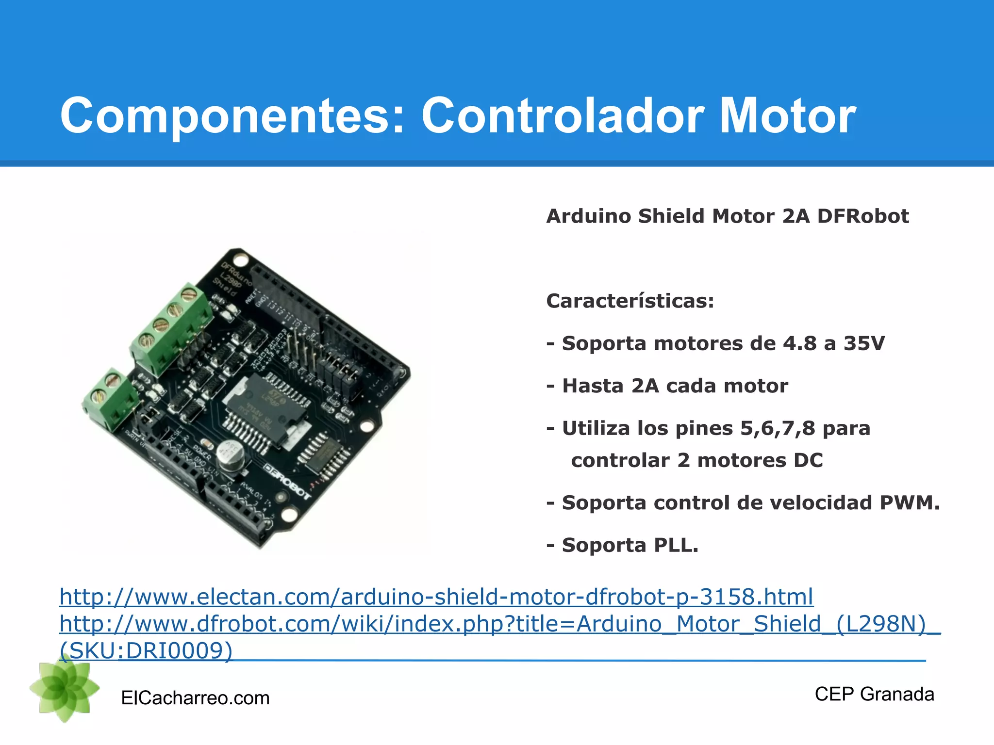 Componentes: Controlador Motor
ElCacharreo.com CEP Granada
http://www.electan.com/arduino-shield-motor-dfrobot-p-3158.html
http://www.dfrobot.com/wiki/index.php?title=Arduino_Motor_Shield_(L298N)_
(SKU:DRI0009)
Arduino Shield Motor 2A DFRobot
Características:
- Soporta motores de 4.8 a 35V
- Hasta 2A cada motor
- Utiliza los pines 5,6,7,8 para
controlar 2 motores DC
- Soporta control de velocidad PWM.
- Soporta PLL.
 