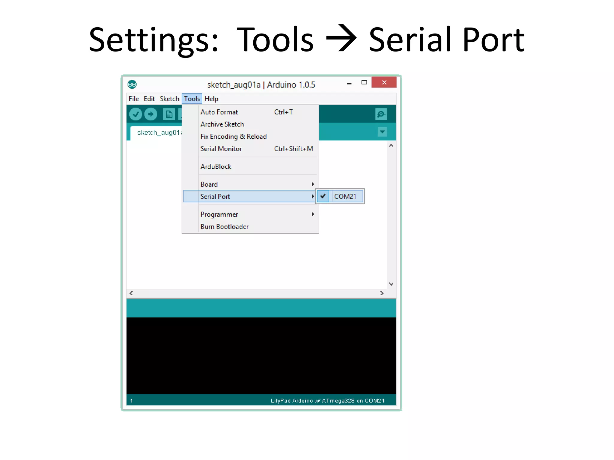 Settings: Tools  Serial Port 