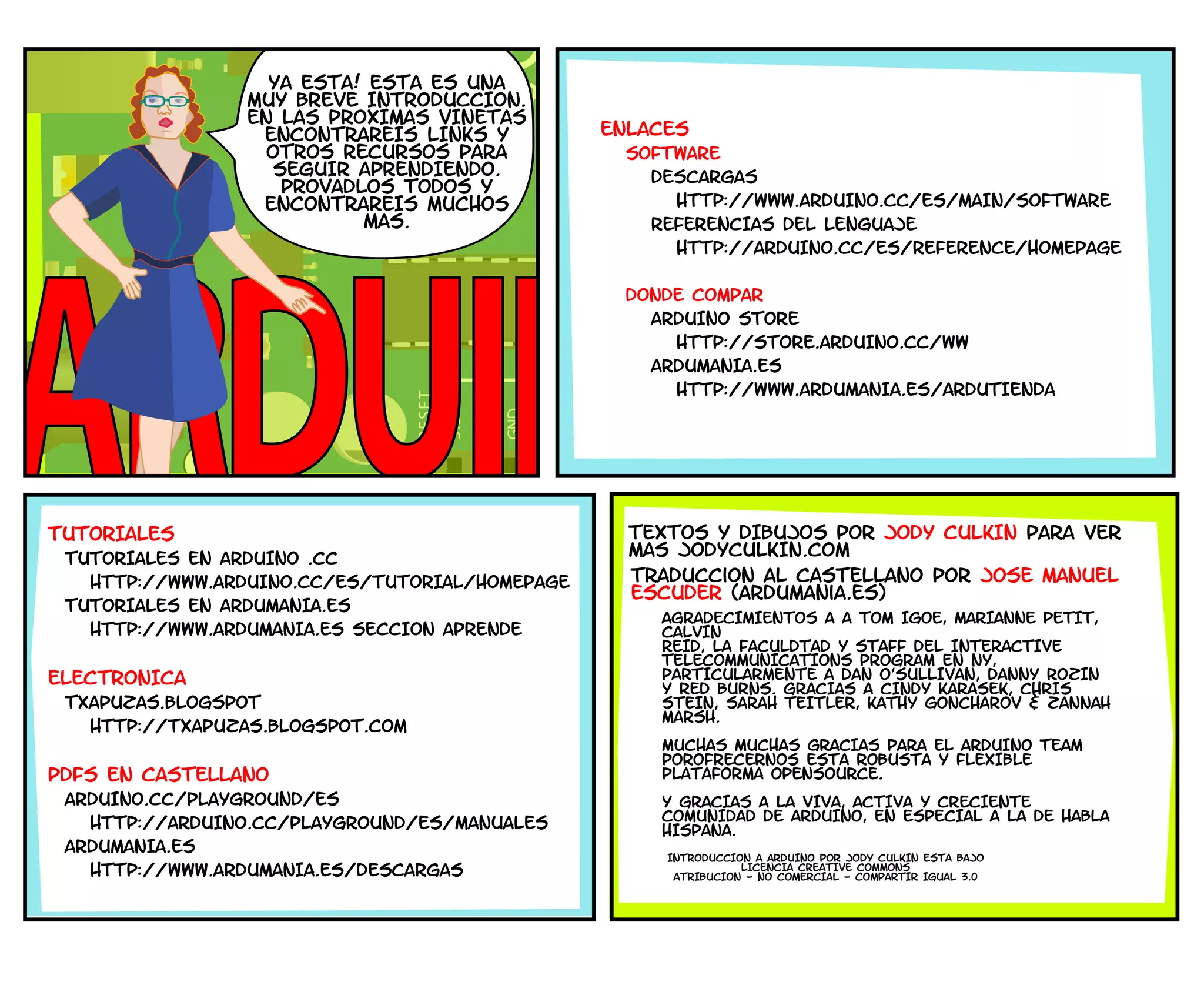 YA ESTa! ESTA ES UNA
MUY BREVE INTRODUCCION.
EN LAS PRoXIMAS VInETAS
ENCONTRAREIS LINKS Y
OTROS RECURSOS PARA
SEGUIR APRENDIENDO.
PROVaDLOS TODOS Y
ENCONTRAREIS MUCHOS
MaS.
enlaces
software
descargas
HTTP://WWW.ARDUINO.CC/ES/MAIN/SOFTWARE
REFERENCIAS DEL LENGUAJE
HTTP://ARDUINO.CC/ES/REFERENCE/HOMEPAGE
donde compar
ARDUINO STORE
HTTP://STORE.ARDUINO.CC/WW
ARDUMANIA.ES
HTTP://WWW.ARDUMANIA.ES/ARDUTIENDA
TUTORIALES
TUTORIALES EN ARDUINO .CC
HTTP://WWW.ARDUINO.CC/ES/TUTORIAL/HOMEPAGE
TUTORIALES EN ARDUMANIA.ES
HTTP://WWW.ARDUMANIA.ES SECCION APRENDE
ELECTRONICA
TXAPUZAS.BLOGSPOT
HTTP://TXAPUZAS.BLOGSPOT.COM
PDFS EN CASTELLANO
ARDUINO.CC/PLAYGROUND/ES
HTTP://ARDUINO.CC/PLAYGROUND/ES/MANUALES
ARDUMANIA.ES
HTTP://WWW.ARDUMANIA.ES/DESCARGAS
TEXTOS Y DIBUJOS POR JODY CULKIN PARA VER
MAS JODYCULKIN.COM
traduccion al castellano por jose manuel
escuder (ardumania.es)
AGRADECIMIENTOS A A TOM IGOE, MARIANNE PETIT,
CALVIN
REID, la faculdtad y STAFF del INTERACTIVE
TELECOMMUNICATIONS PROGRAM en NY,
PARTICULARMENTE A DAN O’SULLIVAN, DANNY ROZIN
Y RED BURNS. GRACIAS A CINDY KARASEK, CHRIS
STEIN, SARAH TEITLER, KATHY GONCHAROV & ZANNAH
MARSH.
MUCHAS MUCHAS GRACIAS PARA EL ARDUINO TEAM
POROFRECERNOS ESTA ROBUSTA Y FLEXIBLE
PLATAFORMA OPENSOURCE.
Y GRACIAS A LA VIVA, ACTIVA Y CRECIENTE
COMUNIDAD DE ARDUINO, EN ESPECIAL A LA DE HABLA
HISPANA.
INTRODUCCION A ARDUINO POR JODY CULKIN ESTA BAJO
LICENCIA CREATIVE COMMONS
ATRIBUCION - NO COMERCIAL - COMPARTIR IGUAL 3.0
 