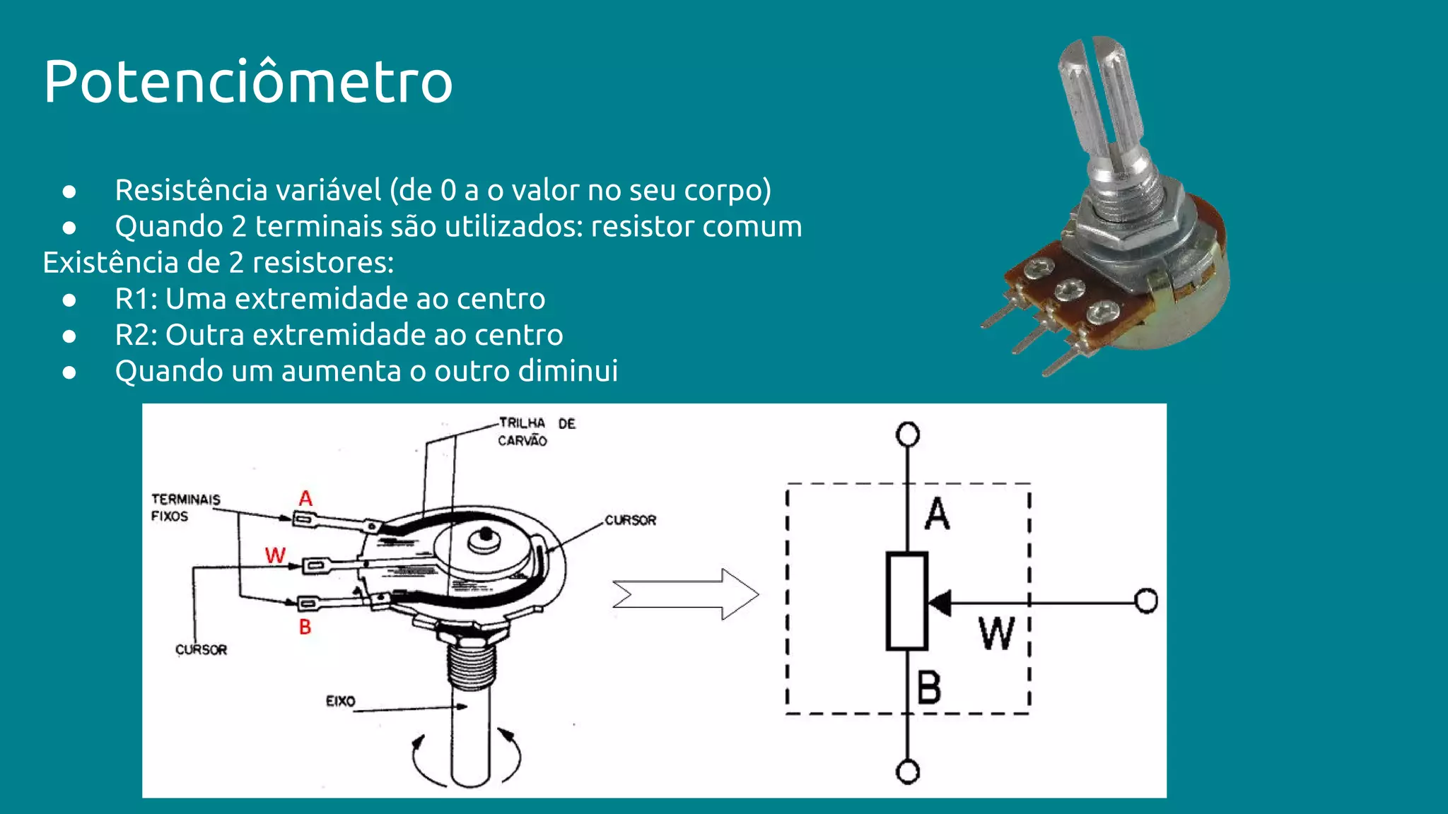 Potenciômetro
● Resistência variável (de 0 a o valor no seu corpo)
● Quando 2 terminais são utilizados: resistor comum
Existência de 2 resistores:
● R1: Uma extremidade ao centro
● R2: Outra extremidade ao centro
● Quando um aumenta o outro diminui
 