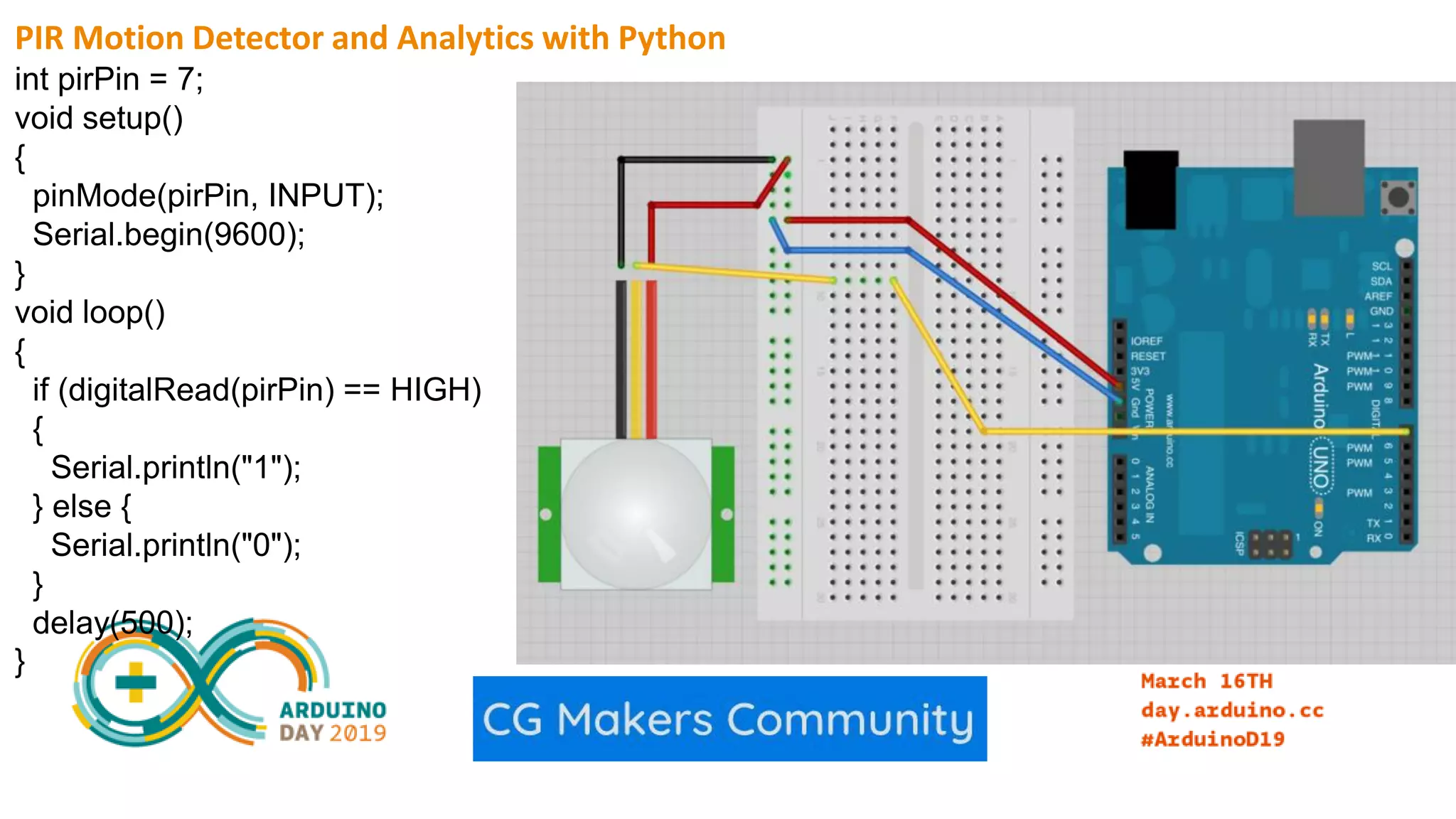 PIR Motion Detector and Analytics with Python int pirPin = 7; void setup() { pinMode(pirPin, INPUT); Serial.begin(9600); } void loop() { if (digitalRead(pirPin) == HIGH) { Serial.println("1"); } else { Serial.println("0"); } delay(500); } 