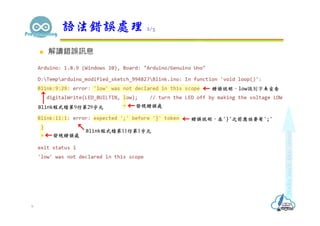  解讀錯誤訊息
語法錯誤處理 2/3
6
Blink程式檔第9行第29字元
錯誤說明，low識別字未宣告
發現錯誤處
Blink程式檔第11行第1字元
錯誤說明，在'}'之前應該要有';'
發現錯誤處
 