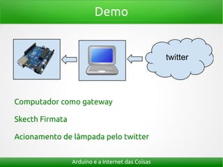 Demo




Computador como gateway

Skecth Firmata

Acionamento de lâmpada pelo twitter


                 Arduino e a Internet das Coisas
 