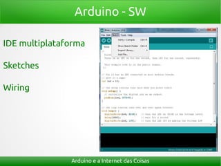 Arduino - SW
Arduino e a Internet das Coisas
IDE multiplataforma
Sketches
Wiring
 