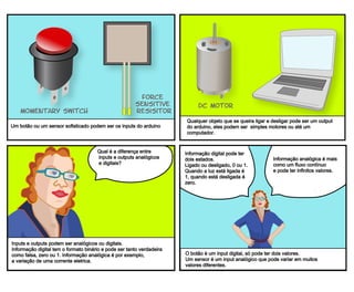 Digital information
is discrete and
finite. all
information is
described in two
states, 1 or 0,
on or off.
Analog information
is characterized
by its continuous
nature. it can have an
infinite number
of possible
values.
a switch is a digital input, a sensor is an
analog input. the range of an analog sensor
is limited by its conversion to digital data.
inputs and outputs can be digital or analog.
Digital information is binary‐ it is either true
or false. Analog information is continuous, it
can hold a range of values.
whats the
difference between
digital and analog
inputs and
outputs?
any object we want to turn on and off and
control could be An output. It could be a
motor or even a computer.
DC Motor
A switch or A sensor could be An input
into the Arduino.
momentary switch
force
sensitive
resisitor
Um botão ou um sensor sofisticado podem ser os inputs do arduino
Qualquer objeto que se queira ligar e desligar pode ser um output
do arduino, eles podem ser simples motores ou até um
computador.
Qual é a diferença entre
inputs e outputs analógicos
e digitais?
Inputs e outputs podem ser analógicos ou digitais.
Informação digital tem o formato binário e pode ser tanto verdadeira
como falsa, zero ou 1. Informação analógica é por exemplo,
a variação de uma corrente eletrica.
Informação digital pode ter
dois estados.
Ligado ou desligado, 0 ou 1.
Quando a luz está ligada é
1, quando está desligada é
zero.
Informação analógica é mais
como um fluxo contínuo
e pode ter infinitos valores.
O botão é um input digital, só pode ter dois valores.
Um sensor é um input analógico que pode variar em muitos
valores diferentes.
 