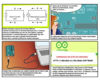you’ll have to download and install software
to program the arduino. it is available from
the URL above Free of charge. the ARduino
software runs on the Mac os X, Windows and
linux Platforms.
http://arduino.cc/en/Main/Software
download here:
Attaching the arduino to a computer with
a usb cable will supply The 5 volts of power
we need and allow us to start programming.
The arduino will need power to run. we will
need to attach it to a computer to program it.
Now that we’ve reviewed some
basics of how electricity
works, Let’s get back t0
the arduino.
I
I
Alternating Current
(AC)
I
I
Direct Current
(DC)
There are two Common types of circuits,
Direct Current and Alternating Current.
In a Dc circuit, the current always flows in
one direction. In AC, the current flows in
opposite directions in regular cycles. We will
only talk about Dc circuits here.
Existem dois tipos comuns de circuítos elétricos.
Corrente Contínua (CC) e Corrente Alternada (CA). A corrente
contínua é a eletricidade que vem de uma bateria, é gerada
quimicamente. A corrente alternada é a eletricidade que vem
da tomada em sua casa, é gerada mecanicamente.
Vamos usar a corrente contínua em nossos exemplos.
Agora que já revisamos os conceitos
básicos de eletricidade, vamos
voltar ao Arduino.....
O ARDUINO PRECISA DE ELETRICIDADE PARA FUNCIONAR,
VAMOS CONECTÁ-LO AO COMPUTADOR.
CONECTAR O ARDUINO AO COMPUTADOR PELA PORTA USB
VAI NOS DAR OS 5 VOLTS NECESSÁRIOS PARA SEU
FUNCIONAMENTO E PARA PROGRAMÁ-LO.
VOCÊ PRECISA CARREGAR E INSTALAR O SOFTWARE
PARA PODER PROGRAMAR O ARDUINO. O software é livre e
existem versões para windows, mac e linux. O software é chamado
de IDE (Integrated Development Environment), um
ambiente integrado para desenvolvimento.
CARREGUE NO SITE DO ARDUINO:
 