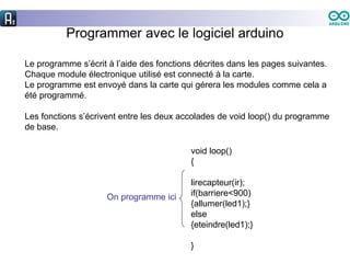 Programmer avec le logiciel arduino
Le programme s’écrit à l’aide des fonctions décrites dans les pages suivantes.
Chaque module électronique utilisé est connecté à la carte.
Le programme est envoyé dans la carte qui gérera les modules comme cela a
été programmé.
Les fonctions s’écrivent entre les deux accolades de void loop() du programme
de base.
void loop()
{
lirecapteur(ir);
if(barriere<900)
{allumer(led1);}
else
{eteindre(led1);}
}
On programme ici
 