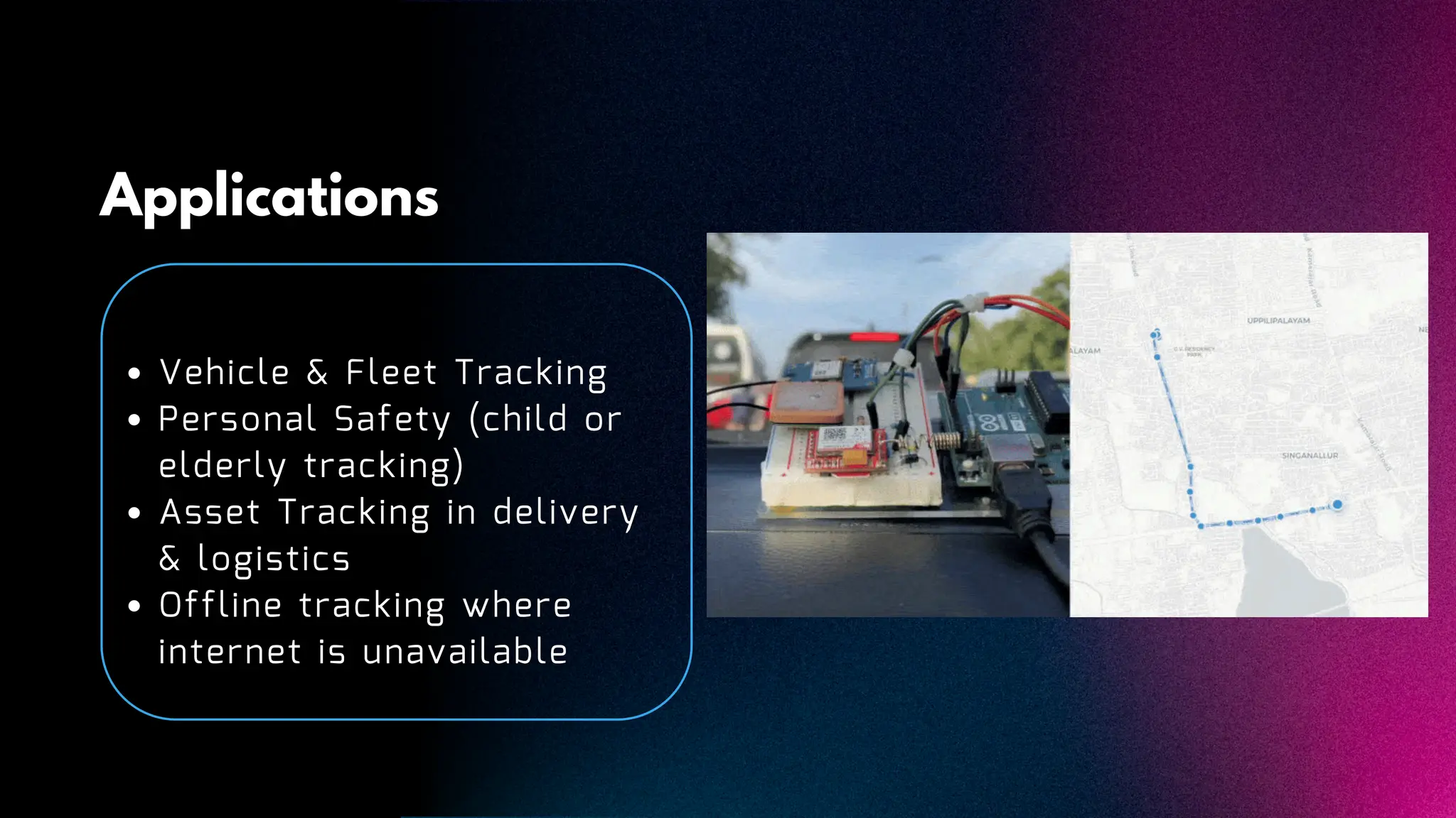 Applications Vehicle & Fleet Tracking Personal Safety (child or elderly tracking) Asset Tracking in delivery & logistics Offline tracking where internet is unavailable