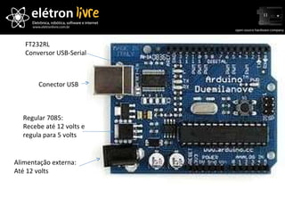 Conector USB Alimentação externa: Até 12 volts Regular 7085: Recebe até 12 volts e  regula para 5 volts  FT232RL Conversor USB-Serial 