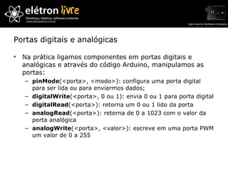 Portas digitais e analógicas Na prática ligamos componentes em portas digitais e analógicas e através do código Arduino, manipulamos as portas: pinMode (<porta>, <modo>): configura uma porta digital para ser lida ou para enviarmos dados; digitalWrite (<porta>, 0 ou 1): envia 0 ou 1 para porta digital digitalRead (<porta>): retorna um 0 ou 1 lido da porta analogRead (<porta>): retorna de 0 a 1023 com o valor da porta analógica analogWrite (<porta>, <valor>): escreve em uma porta PWM um valor de 0 a 255 