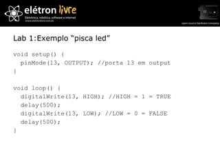 Lab 1:Exemplo “pisca led” void setup() { pinMode(13, OUTPUT); //porta 13 em output  } void loop() { digitalWrite(13, HIGH); //HIGH = 1 = TRUE delay(500); digitalWrite(13, LOW); //LOW = 0 = FALSE delay(500); } 