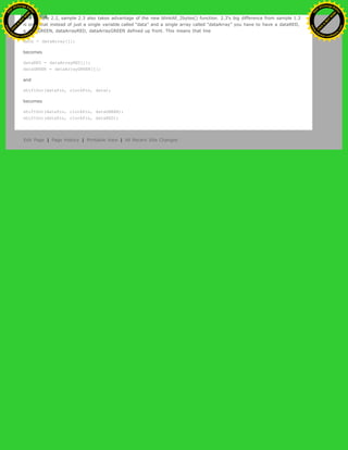 Like sample 2.2, sample 2.3 also takes advantage of the new blinkAll_2bytes() function. 2.3's big difference from sample 1.3
is only that instead of just a single variable called “data” and a single array called “dataArray” you have to have a dataRED,
a dataGREEN, dataArrayRED, dataArrayGREEN defined up front. This means that line
data = dataArray[j];
becomes
dataRED = dataArrayRED[j];
dataGREEN = dataArrayGREEN[j];
and
shiftOut(dataPin, clockPin, data);
becomes
shiftOut(dataPin, clockPin, dataGREEN);
shiftOut(dataPin, clockPin, dataRED);
Edit Page | Page History | Printable View | All Recent Site Changes
Ashifur Rahaman
C
lick
to
B
U
Y
N
O
W
!
PD F-XChange Edit
or
www
.
tracker-software.com
C
lick
to
B
U
Y
N
O
W
!
PD
F-XChange Edit
or
www
.
tracker-software
.com
 