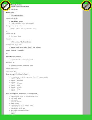 Read a Pushbutton
Using a pushbutton as a switch
Deleted lines 43-45:
Analog Input
Read a Potentiometer
Deleted lines 45-46:
Read a Piezo Sensor
3 LED cross-fades with a potentiometer
Changed lines 52-53 from:
Use two Arduino pins as a capacitive sensor
to:
Deleted line 54:
More sound ideas
Added line 64:
Build your own DMX Master device
Changed lines 70-72 from:
Multiple digital inputs with a CD4021 Shift Register
Other Arduino Examples
to:
Other Arduino Tutorials
Tutorials from the Arduino playground
Added line 75:
Spooky Arduino and more from Todbot
Deleted lines 78-105:
(:cell width=50%:)
Interfacing with Other Software
Introduction to Serial Communication (from ITP physcomp labs)
Arduino + Flash
Arduino + Processing
Arduino + PD
Arduino + MaxMSP
Arduino + VVVV
Arduino + Director
Arduino + Ruby
Arduino + C
Tech Notes (from the forums or playground)
Software serial (serial on pins besides 0 and 1)
L297 motor driver
Hex inverter
Analog multiplexer
Power supplies
The components on the Arduino board
Arduino build process
AVRISP mkII on the Mac
Non-volatile memory (EEPROM)
Bluetooth
Zigbee
Ashifur Rahaman
C
lick
to
B
U
Y
N
O
W
!
PD F-XChange Edit
or
www
.
tracker-software.com
C
lick
to
B
U
Y
N
O
W
!
PD
F-XChange Edit
or
www
.
tracker-software
.com
 