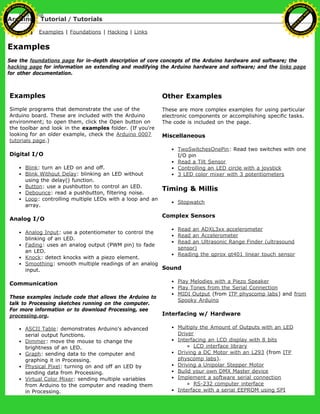 Arduino : Tutorial / Tutorials
Learning Examples | Foundations | Hacking | Links
Examples
See the foundations page for in-depth description of core concepts of the Arduino hardware and software; the
hacking page for information on extending and modifying the Arduino hardware and software; and the links page
for other documentation.
Examples
Simple programs that demonstrate the use of the
Arduino board. These are included with the Arduino
environment; to open them, click the Open button on
the toolbar and look in the examples folder. (If you're
looking for an older example, check the Arduino 0007
tutorials page.)
Digital I/O
Blink: turn an LED on and off.
Blink Without Delay: blinking an LED without
using the delay() function.
Button: use a pushbutton to control an LED.
Debounce: read a pushbutton, filtering noise.
Loop: controlling multiple LEDs with a loop and an
array.
Analog I/O
Analog Input: use a potentiometer to control the
blinking of an LED.
Fading: uses an analog output (PWM pin) to fade
an LED.
Knock: detect knocks with a piezo element.
Smoothing: smooth multiple readings of an analog
input.
Communication
These examples include code that allows the Arduino to
talk to Processing sketches running on the computer.
For more information or to download Processing, see
processing.org.
ASCII Table: demonstrates Arduino's advanced
serial output functions.
Dimmer: move the mouse to change the
brightness of an LED.
Graph: sending data to the computer and
graphing it in Processing.
Physical Pixel: turning on and off an LED by
sending data from Processing.
Virtual Color Mixer: sending multiple variables
from Arduino to the computer and reading them
in Processing.
Other Examples
These are more complex examples for using particular
electronic components or accomplishing specific tasks.
The code is included on the page.
Miscellaneous
TwoSwitchesOnePin: Read two switches with one
I/O pin
Read a Tilt Sensor
Controlling an LED circle with a joystick
3 LED color mixer with 3 potentiometers
Timing & Millis
Stopwatch
Complex Sensors
Read an ADXL3xx accelerometer
Read an Accelerometer
Read an Ultrasonic Range Finder (ultrasound
sensor)
Reading the qprox qt401 linear touch sensor
Sound
Play Melodies with a Piezo Speaker
Play Tones from the Serial Connection
MIDI Output (from ITP physcomp labs) and from
Spooky Arduino
Interfacing w/ Hardware
Multiply the Amount of Outputs with an LED
Driver
Interfacing an LCD display with 8 bits
LCD interface library
Driving a DC Motor with an L293 (from ITP
physcomp labs).
Driving a Unipolar Stepper Motor
Build your own DMX Master device
Implement a software serial connection
RS-232 computer interface
Interface with a serial EEPROM using SPI
Ashifur Rahaman
C
lick
to
B
U
Y
N
O
W
!
PD F-XChange Edit
or
www
.
tracker-software.com
C
lick
to
B
U
Y
N
O
W
!
PD
F-XChange Edit
or
www
.
tracker-software
.com
 