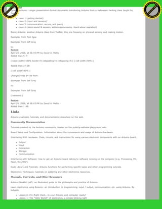 Spooky Arduino: Longer presentation-format documents introducing Arduino from a Halloween hacking class taught by
TodBot:
class 1 (getting started)
class 2 (input and sensors)
class 3 (communication, servos, and pwm)
class 4 (piezo sound & sensors, arduino+processing, stand-alone operation)
Bionic Arduino: another Arduino class from TodBot, this one focusing on physical sensing and making motion.
Examples from Tom Igoe
Examples from Jeff Gray
to:
Restore
April 29, 2008, at 06:44 PM by David A. Mellis -
Added lines 5-7:
(:table width=100% border=0 cellpadding=5 cellspacing=0:) (:cell width=50%:)
Added lines 27-28:
(:cell width=50%:)
Changed lines 54-56 from:
Examples from Jeff Gray
to:
Examples from Jeff Gray
(:tableend:)
Restore
April 29, 2008, at 06:43 PM by David A. Mellis -
Added lines 1-49:
Links
Arduino examples, tutorials, and documentation elsewhere on the web.
Community Documentation
Tutorials created by the Arduino community. Hosted on the publicly-editable playground wiki.
Board Setup and Configuration: Information about the components and usage of Arduino hardware.
Interfacing With Hardware: Code, circuits, and instructions for using various electronic components with an Arduino board.
Output
Input
Interaction
Storage
Communication
Interfacing with Software: how to get an Arduino board talking to software running on the computer (e.g. Processing, PD,
Flash, Max/MSP).
Code Library and Tutorials: Arduino functions for performing specific tasks and other programming tutorials.
Electronics Techniques: tutorials on soldering and other electronics resources.
Manuals, Curricula, and Other Resources
Arduino Booklet (pdf): an illustrated guide to the philosophy and practice of Arduino.
Learn electronics using Arduino: an introduction to programming, input / output, communication, etc. using Arduino. By
ladyada.
Lesson 0: Pre-flight check...Is your Arduino and computer ready?
Lesson 1: The "Hello World!" of electronics, a simple blinking light
Ashifur Rahaman
C
lick
to
B
U
Y
N
O
W
!
PD F-XChange Edit
or
www
.
tracker-software.com
C
lick
to
B
U
Y
N
O
W
!
PD
F-XChange Edit
or
www
.
tracker-software
.com
 