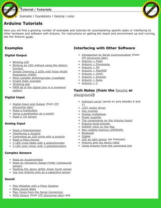 Arduino : Tutorial / Tutorials
Learning Examples | Foundations | Hacking | Links
Arduino Tutorials
Here you will find a growing number of examples and tutorials for accomplishing specific tasks or interfacing to
other hardware and software with Arduino. For instructions on getting the board and environment up and running,
see the Arduino guide.
Examples
Digital Output
Blinking LED
Blinking an LED without using the delay()
function
Simple Dimming 3 LEDs with Pulse-Width
Modulation (PWM)
More complex dimming/color crossfader
Knight Rider example
Shooting star
PWM all of the digital pins in a sinewave
pattern
Digital Input
Digital Input and Output (from ITP
physcomp labs)
Read a Pushbutton
Using a pushbutton as a switch
Read a Tilt Sensor
Analog Input
Read a Potentiometer
Interfacing a Joystick
Controlling an LED circle with a joystick
Read a Piezo Sensor
3 LED cross-fades with a potentiometer
3 LED color mixer with 3 potentiometers
Complex Sensors
Read an Accelerometer
Read an Ultrasonic Range Finder (ultrasound
sensor)
Reading the qprox qt401 linear touch sensor
Use two Arduino pins as a capacitive sensor
Sound
Play Melodies with a Piezo Speaker
More sound ideas
Play Tones from the Serial Connection
MIDI Output (from ITP physcomp labs) and
Interfacing with Other Software
Introduction to Serial Communication (from
ITP physcomp labs)
Arduino + Flash
Arduino + Processing
Arduino + PD
Arduino + MaxMSP
Arduino + VVVV
Arduino + Director
Arduino + Ruby
Arduino + C
Tech Notes (from the forums or
playground)
Software serial (serial on pins besides 0 and
1)
L297 motor driver
Hex inverter
Analog multiplexer
Power supplies
The components on the Arduino board
Arduino build process
AVRISP mkII on the Mac
Non-volatile memory (EEPROM)
Bluetooth
Zigbee
LED as light sensor (en Francais)
Arduino and the Asuro robot
Using Arduino from the command line
Ashifur Rahaman
C
lick
to
B
U
Y
N
O
W
!
PD F-XChange Edit
or
www
.
tracker-software.com
C
lick
to
B
U
Y
N
O
W
!
PD
F-XChange Edit
or
www
.
tracker-software
.com
 
