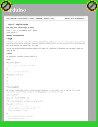 Arduino
Buy | Download | Getting Started | Learning | Reference | Hardware | FAQ Blog » | Forum » | Playground »
Tutorial.Graph History
Hide minor edits - Show changes to markup
March 25, 2007, at 06:14 AM by David A. Mellis -
Added lines 1-15:
Examples > Communication
Graph
A simple example of communication from the Arduino board to the computer: the value of an analog input is printed. We call
this "serial" communication because the connection appears to both the Arduino and the computer as an old-fashioned serial
port, even though it may actually use a USB cable.
You can use the Arduino serial monitor to view the sent data, or it can be read by Processing (see code below), Flash, PD,
Max/MSP, etc.
Circuit
An analog input connected to analog input pin 0.
Code
Changed line 24 from:
Serial.print(analogRead(0) / 4, BYTE);
to:
Serial.println(analogRead(0));
Changed lines 27-28 from:
/*
to:
@]
Processing Code
[@ // Graph // by David A. Mellis // // Demonstrates reading data from the Arduino board by graphing the // values
received. // // based on Analog In // by <a href="http://itp.jtnimoy.com">Josh Nimoy</a>.
Added lines 44-47:
String buff = ""; int NEWLINE = 10;
// Store the last 64 values received so we can graph them.
Changed lines 54-56 from:
// Print a list in case COM1 doesn't work out
//println("Available serial ports:");
//printarr(PSerial.list());
to:
println("Available serial ports:");
println(Serial.list());
Ashifur Rahaman
C
lick
to
B
U
Y
N
O
W
!
PD F-XChange Edit
or
www
.
tracker-software.com
C
lick
to
B
U
Y
N
O
W
!
PD
F-XChange Edit
or
www
.
tracker-software
.com
search
 