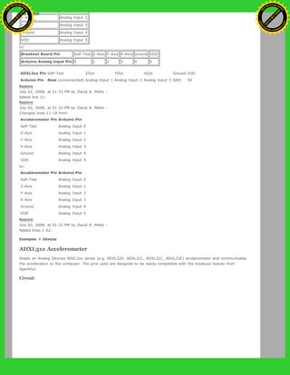 Y-Axis Analog Input 2
X-Axis Analog Input 3
Ground Analog Input 4
VDD Analog Input 5
to:
Breakout Board Pin Self-Test Z-Axis Y-Axis X-Axis Ground VDD
Arduino Analog Input Pin 0 1 2 3 4 5
ADXL3xx Pin Self-Test ZOut YOut XOut Ground VDD
Arduino Pin None (unconnected) Analog Input 1 Analog Input 2 Analog Input 3 GND 5V
Restore
July 02, 2008, at 01:33 PM by David A. Mellis -
Added line 11:
Restore
July 02, 2008, at 01:33 PM by David A. Mellis -
Changed lines 11-18 from:
Accelerometer Pin Arduino Pin
Self-Test Analog Input 0
Z-Axis Analog Input 1
Y-Axis Analog Input 2
X-Axis Analog Input 3
Ground Analog Input 4
VDD Analog Input 5
to:
Accelerometer Pin Arduino Pin
Self-Test Analog Input 0
Z-Axis Analog Input 1
Y-Axis Analog Input 2
X-Axis Analog Input 3
Ground Analog Input 4
VDD Analog Input 5
Restore
July 02, 2008, at 01:32 PM by David A. Mellis -
Added lines 1-52:
Examples > Devices
ADXL3xx Accelerometer
Reads an Analog Devices ADXL3xx series (e.g. ADXL320, ADXL321, ADXL322, ADXL330) accelerometer and communicates
the acceleration to the computer. The pins used are designed to be easily compatible with the breakout boards from
Sparkfun.
Circuit
Ashifur Rahaman
C
lick
to
B
U
Y
N
O
W
!
PD F-XChange Edit
or
www
.
tracker-software.com
C
lick
to
B
U
Y
N
O
W
!
PD
F-XChange Edit
or
www
.
tracker-software
.com
 