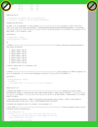 * g 392 Hz 2550 1275
* a 440 Hz 2272 1136
* b 493 Hz 2028 1014
* C 523 Hz 1912 956
*
Added lines 36-37:
* Refactoring and comments 2006 clay.shirky@nyu.edu
* See NOTES in comments at end for possible improvements
Changed lines 40-55 from:
int ledPin = 13; int speakerOut = 9; byte names[] = {'c', 'd', 'e', 'f', 'g', 'a', 'b', 'C'}; int tones[] = {1915, 1700, 1519,
1432, 1275, 1136, 1014, 956}; byte melody[] = "2d2a1f2c2d2a2d2c2f2d2a2c2d2a1f2c2d2a2a2g2p8p8p8p"; // count length:
1 2 3 4 5 6 7 8 9 0 1 2 3 4 5 6 7 8 9 0 1 2 3 4 5 6 7 8 9 0 // 10 20 30 int count = 0; int count2 = 0; int count3 = 0; int
MAX_COUNT = 24; int statePin = LOW;
void setup() {
pinMode(ledPin, OUTPUT);
pinMode(speakerOut, OUTPUT);
to:
// TONES ========================================== // Start by defining the relationship between //
note, period, & frequency.
1. define c 3830 // 261 Hz
2. define d 3400 // 294 Hz
3. define e 3038 // 329 Hz
4. define f 2864 // 349 Hz
5. define g 2550 // 392 Hz
6. define a 2272 // 440 Hz
7. define b 2028 // 493 Hz
8. define C 1912 // 523 Hz
// Define a special note, 'R', to represent a rest
1. define R 0
// SETUP ============================================ // Set up speaker on a PWM pin (digital 9, 10
or 11) int speakerOut = 9; // Do we want debugging on serial out? 1 for yes, 0 for no int DEBUG = 1;
void setup() {
pinMode(speakerOut, OUTPUT);
if (DEBUG) {
Serial.begin(9600); // Set serial out if we want debugging
}
Added lines 67-112:
// MELODY and TIMING ======================================= // melody[] is an array of notes,
accompanied by beats[], // which sets each note's relative length (higher #, longer note) int melody[] = { C, b, g, C, b, e, R,
C, c, g, a, C }; int beats[] = { 16, 16, 16, 8, 8, 16, 32, 16, 16, 16, 8, 8 }; int MAX_COUNT = sizeof(melody) / 2; // Melody
length, for looping.
// Set overall tempo long tempo = 10000; // Set length of pause between notes int pause = 1000; // Loop variable to
increase Rest length int rest_count = 100; //<-BLETCHEROUS HACK; See NOTES
// Initialize core variables int tone = 0; int beat = 0; long duration = 0;
// PLAY TONE ============================================== // Pulse the speaker to play a tone for
a particular duration void playTone() {
long elapsed_time = 0;
if (tone > 0) { // if this isn't a Rest beat, while the tone has
// played less long than 'duration', pulse speaker HIGH and LOW
while (elapsed_time < duration) {
digitalWrite(speakerOut,HIGH);
Ashifur Rahaman
C
lick
to
B
U
Y
N
O
W
!
PD F-XChange Edit
or
www
.
tracker-software.com
C
lick
to
B
U
Y
N
O
W
!
PD
F-XChange Edit
or
www
.
tracker-software
.com
 