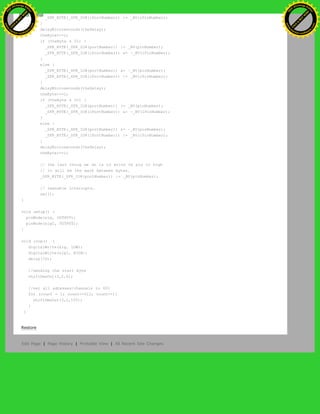 _SFR_BYTE(_SFR_IO8(iPortNumber)) |= _BV(iPinNumber);
}
delayMicroseconds(theDelay);
theByte>>=1;
if (theByte & 01) {
_SFR_BYTE(_SFR_IO8(portNumber)) |= _BV(pinNumber);
_SFR_BYTE(_SFR_IO8(iPortNumber)) &= ~_BV(iPinNumber);
}
else {
_SFR_BYTE(_SFR_IO8(portNumber)) &= ~_BV(pinNumber);
_SFR_BYTE(_SFR_IO8(iPortNumber)) |= _BV(iPinNumber);
}
delayMicroseconds(theDelay);
theByte>>=1;
if (theByte & 01) {
_SFR_BYTE(_SFR_IO8(portNumber)) |= _BV(pinNumber);
_SFR_BYTE(_SFR_IO8(iPortNumber)) &= ~_BV(iPinNumber);
}
else {
_SFR_BYTE(_SFR_IO8(portNumber)) &= ~_BV(pinNumber);
_SFR_BYTE(_SFR_IO8(iPortNumber)) |= _BV(iPinNumber);
}
delayMicroseconds(theDelay);
theByte>>=1;
// the last thing we do is to write te pin to high
// it will be the mark between bytes.
_SFR_BYTE(_SFR_IO8(portNumber)) |= _BV(pinNumber);
// reenable interrupts.
sei();
}
void setup() {
pinMode(sig, OUTPUT);
pinMode(sigI, OUTPUT);
}
void loop() {
digitalWrite(sig, LOW);
digitalWrite(sigI, HIGH);
delay(10);
//sending the start byte
shiftDmxOut(3,2,0);
//set all adresses/channels to 60%
for (count = 1; count<=512; count++){
shiftDmxOut(3,2,155);
}
}
Restore
Edit Page | Page History | Printable View | All Recent Site Changes
Ashifur Rahaman
C
lick
to
B
U
Y
N
O
W
!
PD F-XChange Edit
or
www
.
tracker-software.com
C
lick
to
B
U
Y
N
O
W
!
PD
F-XChange Edit
or
www
.
tracker-software
.com
 