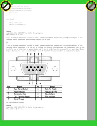 }
//wait for stop bit + extra
delayMicroseconds(bit9600Delay);
delayMicroseconds(bit9600Delay);
return val;
}
}
void loop()
{
SWval = SWread();
SWprint(toupper(SWval));
}
Restore
August 15, 2006, at 04:37 PM by Heather Dewey-Hagborg -
Changed lines 30-31 from:
If you do not have one already, you need to make a cable to connect from the serial port (or USB-serial adapter) on your
computer and the breadboard. Instructions for doing this can be found .
to:
If you do not have one already, you need to make a cable to connect from the serial port (or USB-serial adapter) on your
computer and the breadboard. To do this, pick up a female DB9 connector from radioshack. Pick three different colors of wire,
one for TX, one for RX, and one for ground. Solder your TX wire to pin 2 of the DB9 connector, RX wire to pin 3 and Ground
to pin 5. Connect pins 1 and 6 to pin 4 and pin 7 to pin 8. Heatshrink the wire connections to avoid accidental shorts.
PICTURE connector soldered
Restore
August 15, 2006, at 04:17 PM by Heather Dewey-Hagborg -
Changed lines 18-19 from:
Ashifur Rahaman
C
lick
to
B
U
Y
N
O
W
!
PD F-XChange Edit
or
www
.
tracker-software.com
C
lick
to
B
U
Y
N
O
W
!
PD
F-XChange Edit
or
www
.
tracker-software
.com
 