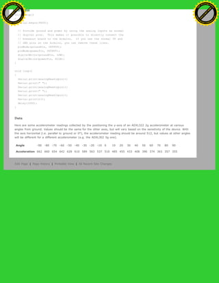 void setup()
{
Serial.begin(9600);
// Provide ground and power by using the analog inputs as normal
// digital pins. This makes it possible to directly connect the
// breakout board to the Arduino. If you use the normal 5V and
// GND pins on the Arduino, you can remove these lines.
pinMode(groundPin, OUTPUT);
pinMode(powerPin, OUTPUT);
digitalWrite(groundPin, LOW);
digitalWrite(powerPin, HIGH);
}
void loop()
{
Serial.print(analogRead(xpin));
Serial.print(" ");
Serial.print(analogRead(ypin));
Serial.print(" ");
Serial.print(analogRead(zpin));
Serial.println();
delay(1000);
}
Data
Here are some accelerometer readings collected by the positioning the y-axis of an ADXL322 2g accelerometer at various
angles from ground. Values should be the same for the other axes, but will vary based on the sensitivity of the device. With
the axis horizontal (i.e. parallel to ground or 0°), the accelerometer reading should be around 512, but values at other angles
will be different for a different accelerometer (e.g. the ADXL302 5g one).
Angle -90 -80 -70 -60 -50 -40 -30 -20 -10 0 10 20 30 40 50 60 70 80 90
Acceleration 662 660 654 642 628 610 589 563 537 510 485 455 433 408 390 374 363 357 355
Edit Page | Page History | Printable View | All Recent Site Changes
Ashifur Rahaman
C
lick
to
B
U
Y
N
O
W
!
PD F-XChange Edit
or
www
.
tracker-software.com
C
lick
to
B
U
Y
N
O
W
!
PD
F-XChange Edit
or
www
.
tracker-software
.com
 