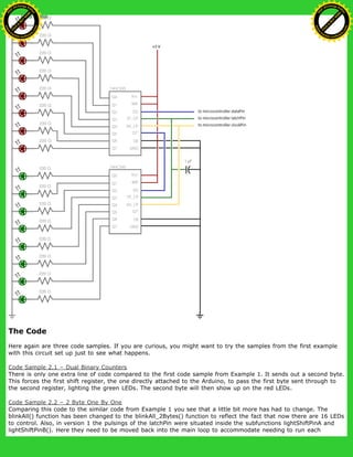 The Code
Here again are three code samples. If you are curious, you might want to try the samples from the first example
with this circuit set up just to see what happens.
Code Sample 2.1 – Dual Binary Counters
There is only one extra line of code compared to the first code sample from Example 1. It sends out a second byte.
This forces the first shift register, the one directly attached to the Arduino, to pass the first byte sent through to
the second register, lighting the green LEDs. The second byte will then show up on the red LEDs.
Code Sample 2.2 – 2 Byte One By One
Comparing this code to the similar code from Example 1 you see that a little bit more has had to change. The
blinkAll() function has been changed to the blinkAll_2Bytes() function to reflect the fact that now there are 16 LEDs
to control. Also, in version 1 the pulsings of the latchPin were situated inside the subfunctions lightShiftPinA and
lightShiftPinB(). Here they need to be moved back into the main loop to accommodate needing to run each
Ashifur Rahaman
C
lick
to
B
U
Y
N
O
W
!
PD F-XChange Edit
or
www
.
tracker-software.com
C
lick
to
B
U
Y
N
O
W
!
PD
F-XChange Edit
or
www
.
tracker-software
.com
 