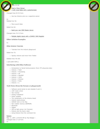 Deleted lines 45-46:
Read a Piezo Sensor
3 LED cross-fades with a potentiometer
Changed lines 52-53 from:
Use two Arduino pins as a capacitive sensor
to:
Deleted line 54:
More sound ideas
Added line 64:
Build your own DMX Master device
Changed lines 70-72 from:
Multiple digital inputs with a CD4021 Shift Register
Other Arduino Examples
to:
Other Arduino Tutorials
Tutorials from the Arduino playground
Added line 75:
Spooky Arduino and more from Todbot
Deleted lines 78-105:
(:cell width=50%:)
Interfacing with Other Software
Introduction to Serial Communication (from ITP physcomp labs)
Arduino + Flash
Arduino + Processing
Arduino + PD
Arduino + MaxMSP
Arduino + VVVV
Arduino + Director
Arduino + Ruby
Arduino + C
Tech Notes (from the forums or playground)
Software serial (serial on pins besides 0 and 1)
L297 motor driver
Hex inverter
Analog multiplexer
Power supplies
The components on the Arduino board
Arduino build process
AVRISP mkII on the Mac
Non-volatile memory (EEPROM)
Bluetooth
Zigbee
LED as light sensor (en Francais)
Arduino and the Asuro robot
Using Arduino from the command line
Restore
May 11, 2007, at 06:06 AM by Paul Badger -
Changed lines 17-18 from:
to:
Ashifur Rahaman
C
lick
to
B
U
Y
N
O
W
!
PD F-XChange Edit
or
www
.
tracker-software.com
C
lick
to
B
U
Y
N
O
W
!
PD
F-XChange Edit
or
www
.
tracker-software
.com
 