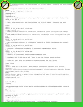 * [[Serial | Serial Communication]]: How to send serial data from an Arduino board to a computer or other device (including
via the USB connection).
* [[Interrupts]]: Code that interrupts other code under certain conditions.
Restore
February 13, 2008, at 09:36 PM by David A. Mellis -
Added lines 80-81:
(:if false:)
Added lines 84-89:
* [[Communication]]: An overview of the various ways in which an Arduino board can communicate with other devices
(serial, I2C, SPI, Midi, etc.)
* [[Serial | Serial Communication]]: How to send serial data from an Arduino board to a computer or other device.
(:ifend:)
Restore
February 13, 2008, at 09:31 PM by David A. Mellis -
Changed lines 80-81 from:
* [[PWM]] (Pulse-Width Modulation): The method used by analogWrite() to simulate an analog output with digital pins.
to:
* [[PWM | PWM (Pulse-Width Modulation)]]: The method used by analogWrite() to simulate an analog output with digital
pins.
Restore
February 13, 2008, at 09:30 PM by David A. Mellis -
Added lines 80-81:
* [[PWM]] (Pulse-Width Modulation): The method used by analogWrite() to simulate an analog output with digital pins.
Restore
February 13, 2008, at 09:22 PM by David A. Mellis -
Added lines 80-81:
* [[Bootloader]]: A small program pre-loaded on the Arduino board to allow uploading sketches.
Restore
February 13, 2008, at 09:12 PM by David A. Mellis -
Added lines 74-81:
* [[Memory]]: The various types of memory available on the Arduino board.
* [[Digital Pins]]: How the pins work and what it means for them to be configured as inputs or outputs.
* [[Analog Input Pins]]: Details about the analog-to-digital conversion and other uses of the pins.
!!!More Tutorials
Restore
January 11, 2008, at 11:31 AM by David A. Mellis - linking to board setup and configuration on the playground.
Added lines 76-77:
[[http://www.arduino.cc/playground/Main/ArduinoCoreHardware | Board Setup and Configuration]]: Information about the
components and usage of Arduino hardware.
Restore
December 19, 2007, at 11:54 PM by David A. Mellis - adding links to other pages: the tutorial parts of the playground,
ladyada's tutorials, todbot, etc.
Changed lines 36-42 from:
(:cell width=50%:)
!!!Tutorials
These are more complex tutorials for using particular electronic components or accomplishing specific tasks. The code is
included in the tutorial.
to:
!!!Other Examples
These are more complex examples for using particular electronic components or accomplishing specific tasks. The code is
included in the tutorial.
Changed lines 71-78 from:
!!!!Other Arduino Tutorials
* [[http://www.arduino.cc/playground/Learning/Tutorials | Tutorials from the Arduino playground]]
Ashifur Rahaman
C
lick
to
B
U
Y
N
O
W
!
PD F-XChange Edit
or
www
.
tracker-software.com
C
lick
to
B
U
Y
N
O
W
!
PD
F-XChange Edit
or
www
.
tracker-software
.com
 