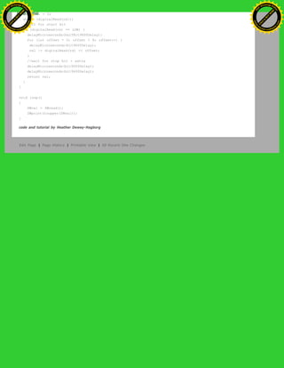 byte val = 0;
while (digitalRead(rx));
//wait for start bit
if (digitalRead(rx) == LOW) {
delayMicroseconds(halfBit9600Delay);
for (int offset = 0; offset < 8; offset++) {
delayMicroseconds(bit9600Delay);
val |= digitalRead(rx) << offset;
}
//wait for stop bit + extra
delayMicroseconds(bit9600Delay);
delayMicroseconds(bit9600Delay);
return val;
}
}
void loop()
{
SWval = SWread();
SWprint(toupper(SWval));
}
code and tutorial by Heather Dewey-Hagborg
Edit Page | Page History | Printable View | All Recent Site Changes
Ashifur Rahaman
C
lick
to
B
U
Y
N
O
W
!
PD F-XChange Edit
or
www
.
tracker-software.com
C
lick
to
B
U
Y
N
O
W
!
PD
F-XChange Edit
or
www
.
tracker-software
.com
 
