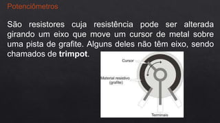 Potenciômetros
São resistores cuja resistência pode ser alterada
girando um eixo que move um cursor de metal sobre
uma pista de grafite. Alguns deles não têm eixo, sendo
chamados de trimpot.
 