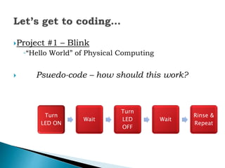 Project #1 – Blink
◦“Hello World” of Physical Computing
 Psuedo-code – how should this work?
Turn
LED ON
Wait
Turn
LED
OFF
Wait
Rinse &
Repeat
 