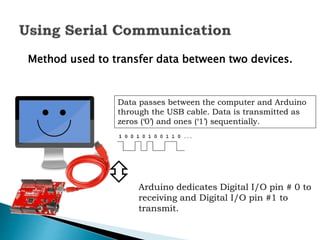 Method used to transfer data between two devices.
Arduino dedicates Digital I/O pin # 0 to
receiving and Digital I/O pin #1 to
transmit.
Data passes between the computer and Arduino
through the USB cable. Data is transmitted as
zeros (‘0’) and ones (‘1’) sequentially.
 