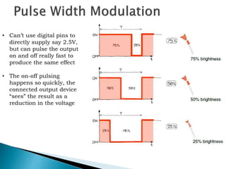 • Can’t use digital pins to
directly supply say 2.5V,
but can pulse the output
on and off really fast to
produce the same effect
• The on-off pulsing
happens so quickly, the
connected output device
“sees” the result as a
reduction in the voltage
 
