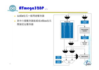  32組8位元⼀般用途暫存器
 其中六個暫存器能組成3個16位元
間接定址暫存器
ATmega328P 5/7
15
 