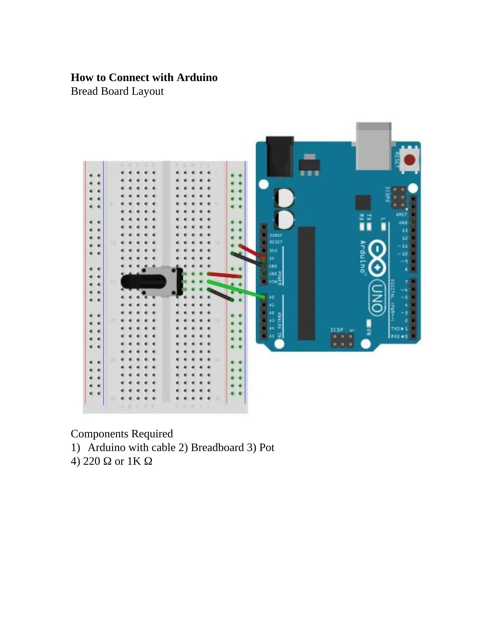 How to Connect with Arduino
Bread Board Layout
Components Required
1) Arduino with cable 2) Breadboard 3) Pot
4) 220 Ω or 1K Ω
 