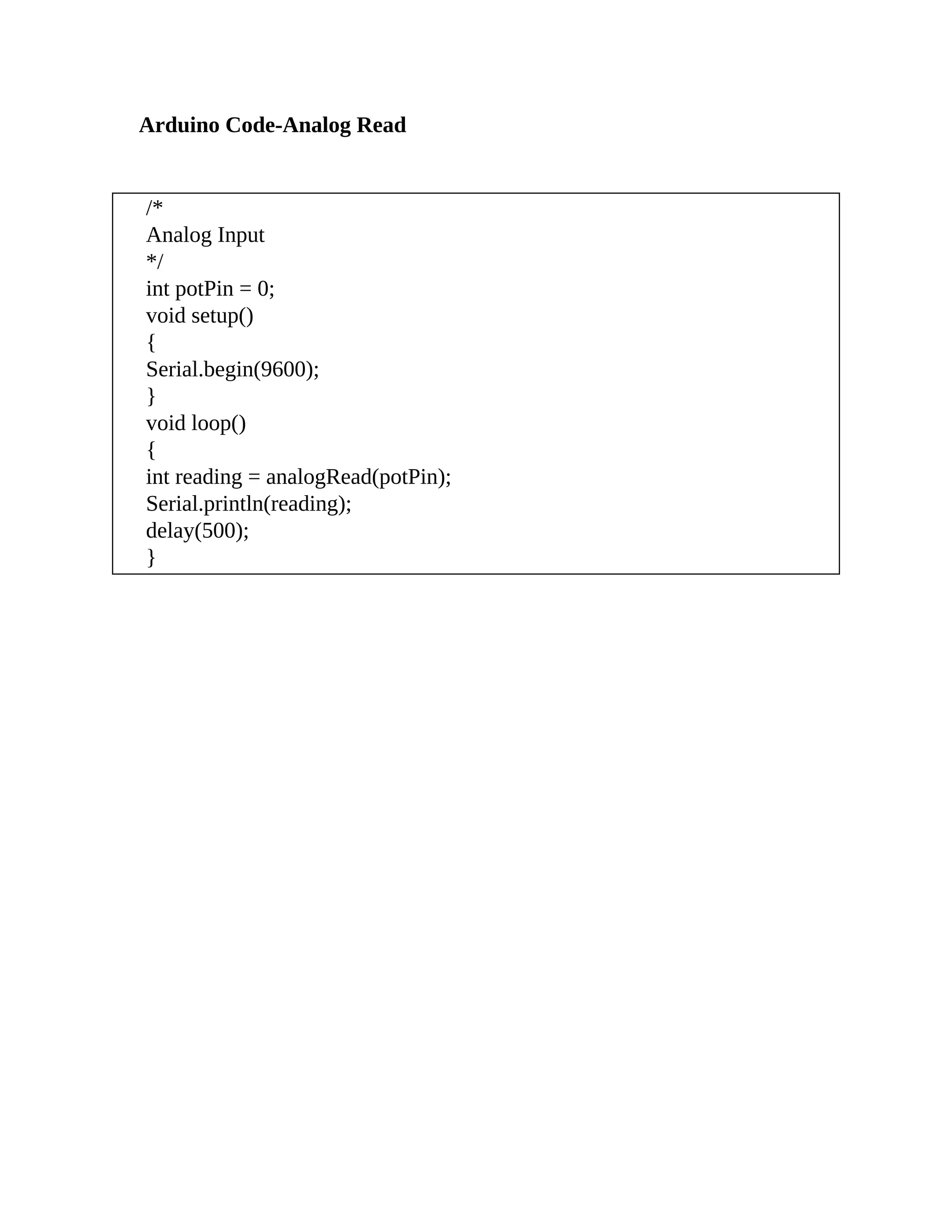 Arduino Code-Analog Read
/*
Analog Input
*/
int potPin = 0;
void setup()
{
Serial.begin(9600);
}
void loop()
{
int reading = analogRead(potPin);
Serial.println(reading);
delay(500);
}
 