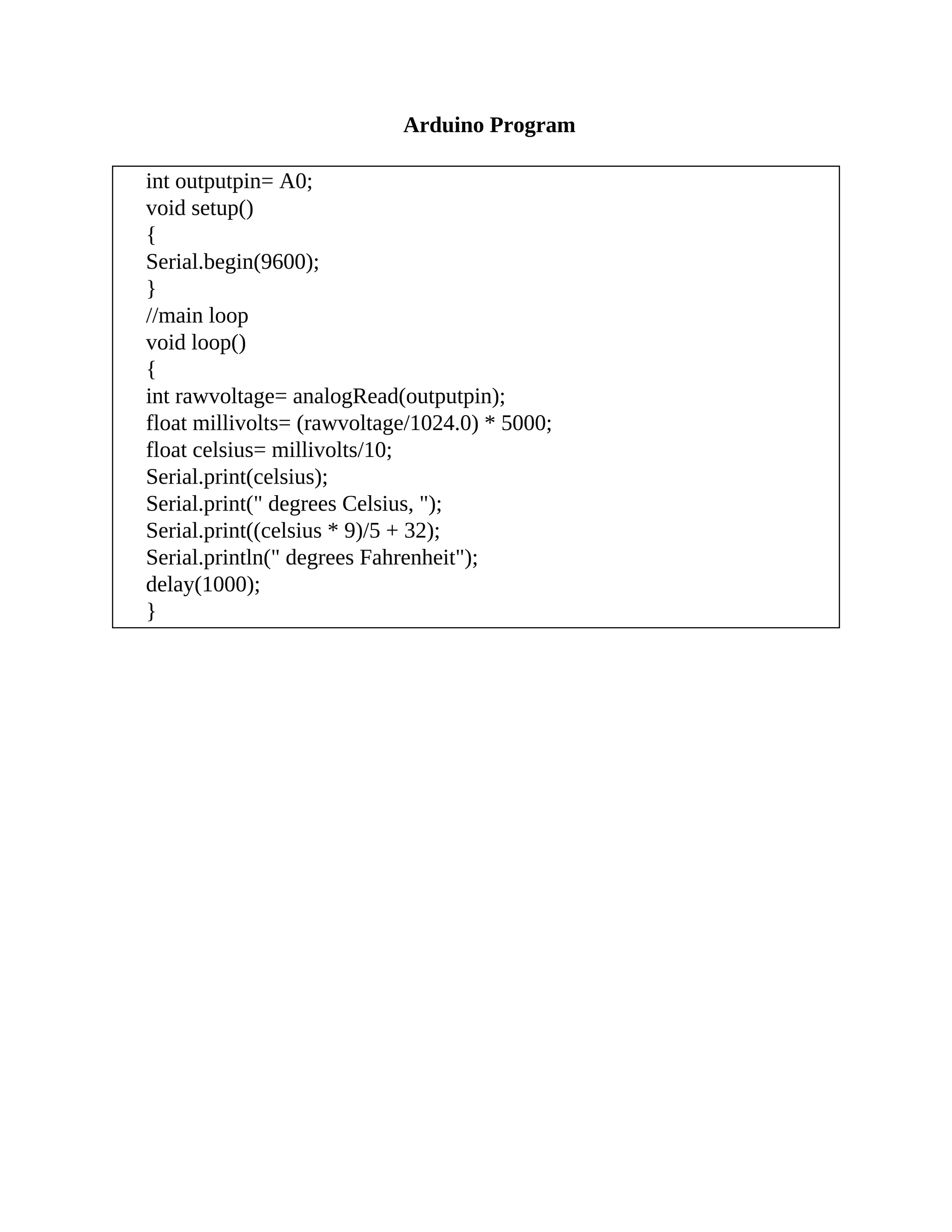 Arduino Program
int outputpin= A0;
void setup()
{
Serial.begin(9600);
}
//main loop
void loop()
{
int rawvoltage= analogRead(outputpin);
float millivolts= (rawvoltage/1024.0) * 5000;
float celsius= millivolts/10;
Serial.print(celsius);
Serial.print(" degrees Celsius, ");
Serial.print((celsius * 9)/5 + 32);
Serial.println(" degrees Fahrenheit");
delay(1000);
}
 