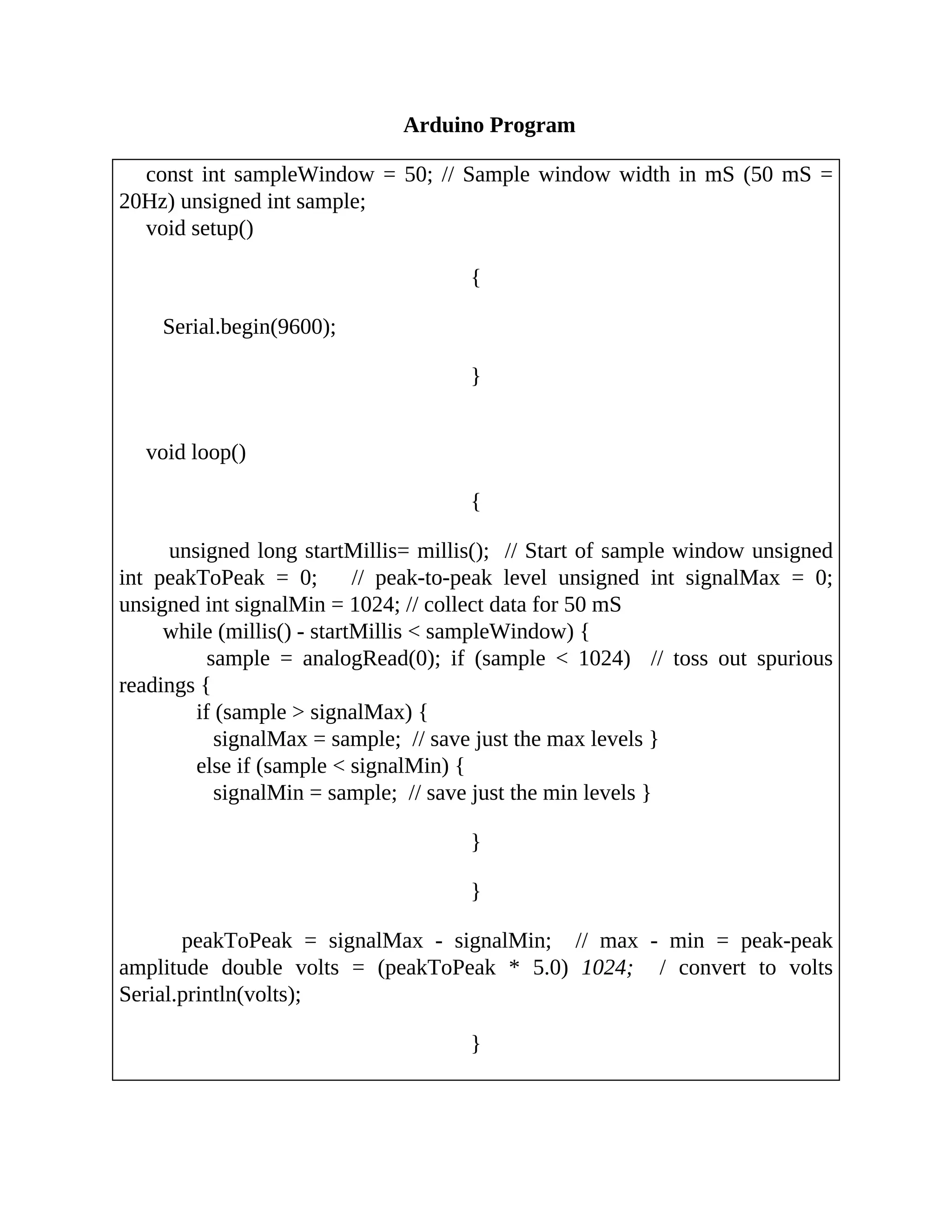 Arduino Program
const int sampleWindow = 50; // Sample window width in mS (50 mS =
20Hz) unsigned int sample;
void setup()
{
Serial.begin(9600);
}
void loop()
{
unsigned long startMillis= millis(); // Start of sample window unsigned
int peakToPeak = 0; // peak-to-peak level unsigned int signalMax = 0;
unsigned int signalMin = 1024; // collect data for 50 mS
while (millis() - startMillis < sampleWindow) {
sample = analogRead(0); if (sample < 1024) // toss out spurious
readings {
if (sample > signalMax) {
signalMax = sample; // save just the max levels }
else if (sample < signalMin) {
signalMin = sample; // save just the min levels }
}
}
peakToPeak = signalMax - signalMin; // max - min = peak-peak
amplitude double volts = (peakToPeak * 5.0) 1024; / convert to volts
Serial.println(volts);
}
 