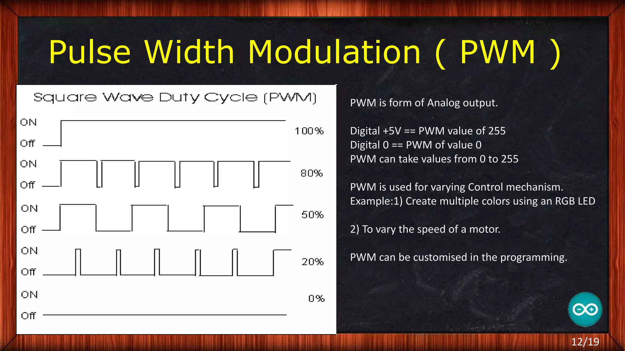 Pulse Width Modulation ( PWM ) PWM is form of Analog output. Digital +5V == PWM value of 255 Digital 0 == PWM of value 0 PWM can take values from 0 to 255 PWM is used for varying Control mechanism. Example:1) Create multiple colors using an RGB LED 2) To vary the speed of a motor. PWM can be customised in the programming. 12/19 